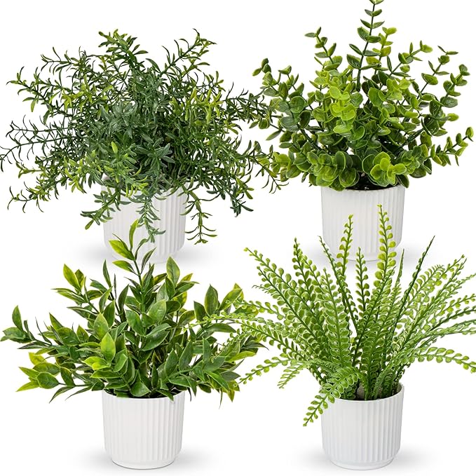Hollyone 4 Pack Artificial Potted Plants Eucalyptus Rosemary Boston Fern ZZ Plant Fake Plant in Pot Small Faux Plant Greenery Aesthetic Indoor Home Decor Bathroom Bedroom Table Shelf Office