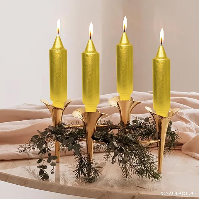 5Inch Short Taper Candles Candlesticks Handmade Set of 4 Unscented Smokeless Dripless Tapered Candle Candle Stick for Wedding Christmas Decoration(Gold)