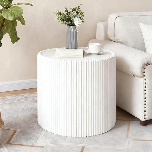 17.71" White Round Coffee Table, Drum Coffee Table with Sintered Stone Tabletop and Fluted PU Leather Covered and Stable Base, Circle Cocktail Tea Table for Living Room