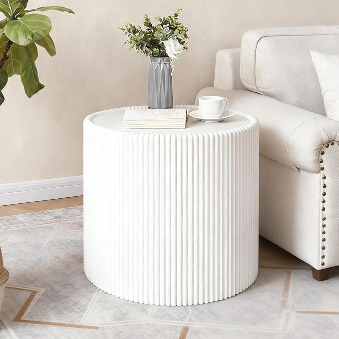Round Living Room Table Set, 29.52" Grey Drum Center Table and 17.71" White Coffee Table Set, 2 Pieces Coffee Table Set with Sintered Stone Tabletop, Fluted PU Leather Covered and StableBase