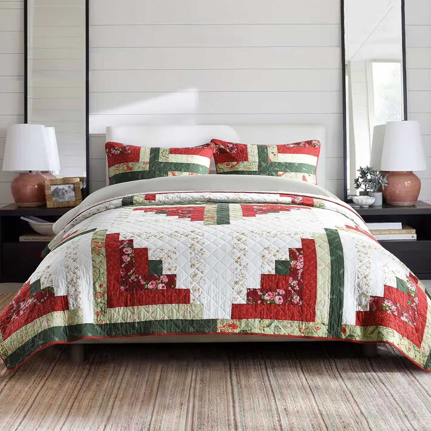 Secgo Handmade Quilted 100% Cotton King Comforter Set for Bed - 100% Cotton Quilts King Size, Black Bedspreads (96 * 108 Inch) with 2 Pillow Shams, Patchwork Reversible Lightweight Bedding