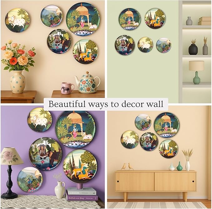 RITUALISTIC Dwarka Pichwai Wall Plates for home decoration & living room | Metal Wall décor | Gift items for unisex |wall art | wall showpiece| Home Décor Christmas Gift Items | Set of 5 plates