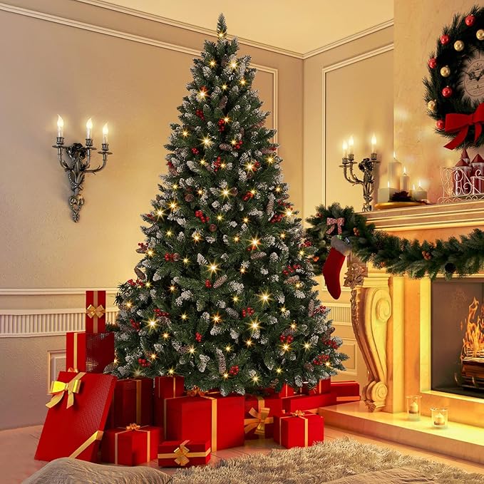 6.5 Ft Pre-Lit Artificial Christmas Tree with 400 Dual Color LED Lights & Timer - Snowy Spruce with 1100 Branch Tips & 60 Pine Cones & 60 Berries Indoor Outdoor Home Christmas Decorations