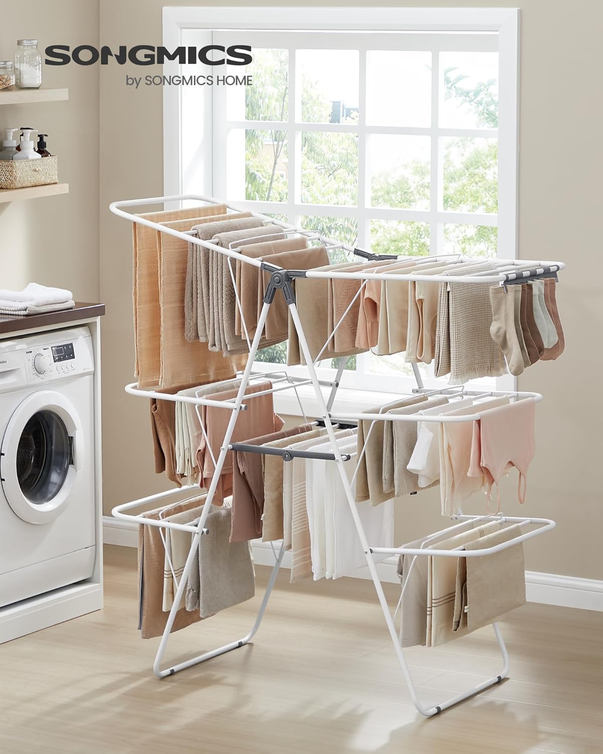 SONGMICS Clothes Drying Rack, Foldable 3-Level Laundry Rack, Free-Standing Large Drying Rack, with Height-Adjustable Wings, 39 Drying Rails, Sock Clips, White and Gray ULLR054W01