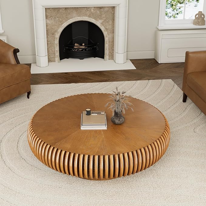 39.3" Drum Coffee Table Modern Unique Fluted Tea Table Contemporary Wood Round Coffee Table with Fluted Centry Table for Living Room Walnut (39.3" Brown)