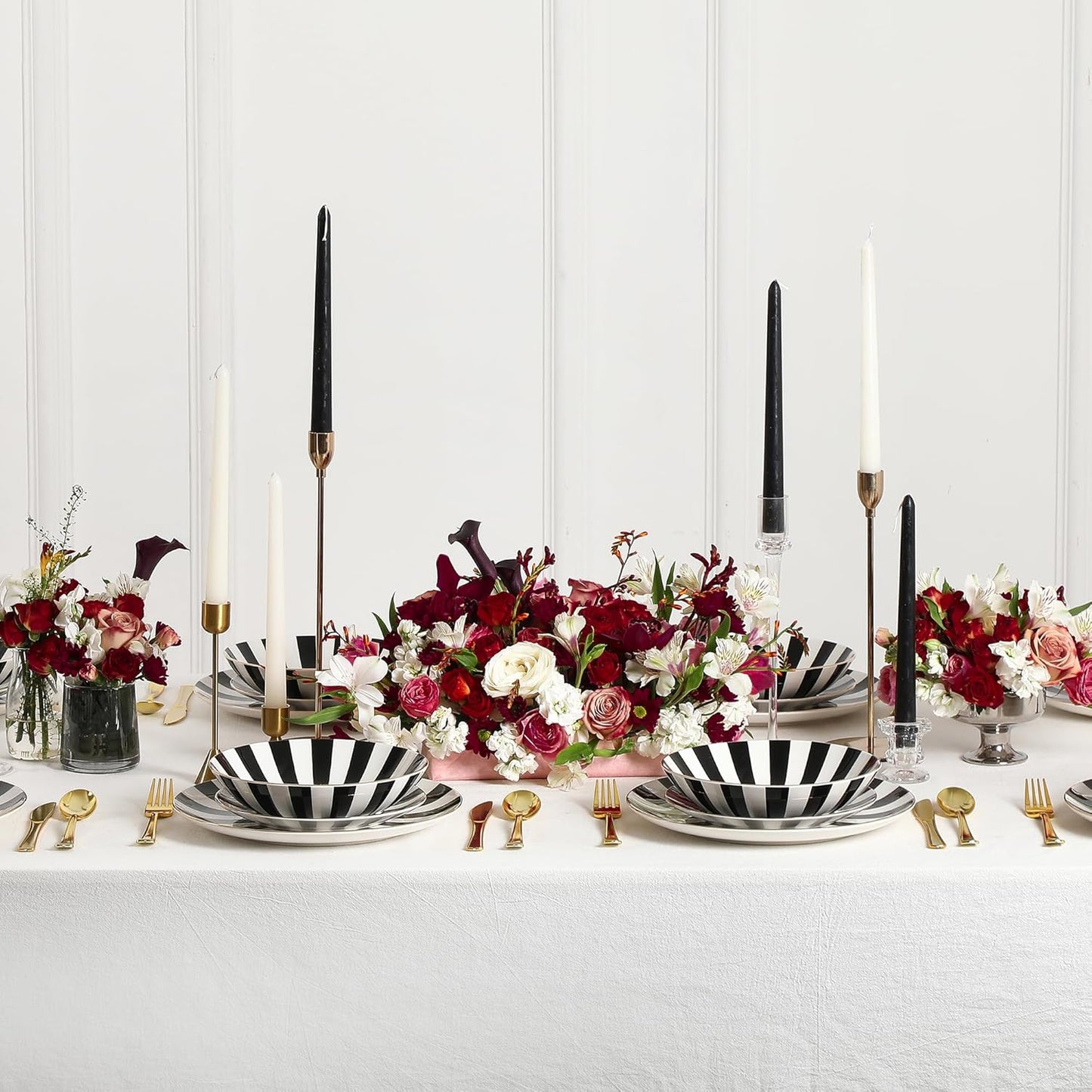 Christian Siriano Empire Porcelain Dinnerware, 24-Piece Plates and Bowls Set, Black and White Dish Set for 8, Gold Trim, Hand Wash Only