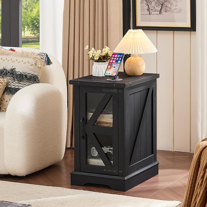 Narrow Night Stand for Small Spaces, Farmhouse Side End Table with Glass Barn Door Storage, Wood Bedside Tables, Black Nightstand Cabinet Organizer for Living Room Bedroom