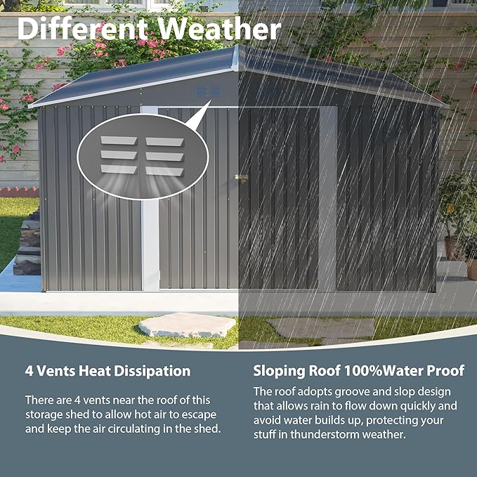 Mulinsonfly12x14 FT Outdoor Metal Storage Shed with Floor Frame, Extra-Large Steel Garden Tool Shed with Lockable Double Doors, Heavy-Duty Backyard Storage for Lawn Equipment, Bikes & Patio Furniture