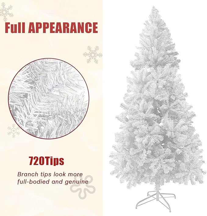 6FT Artificial Christmas Tree, Full Premium Hinged Artificial Pine Tree with 720 Branch Tips Metal Stand for Outdoor & Indoor (White)
