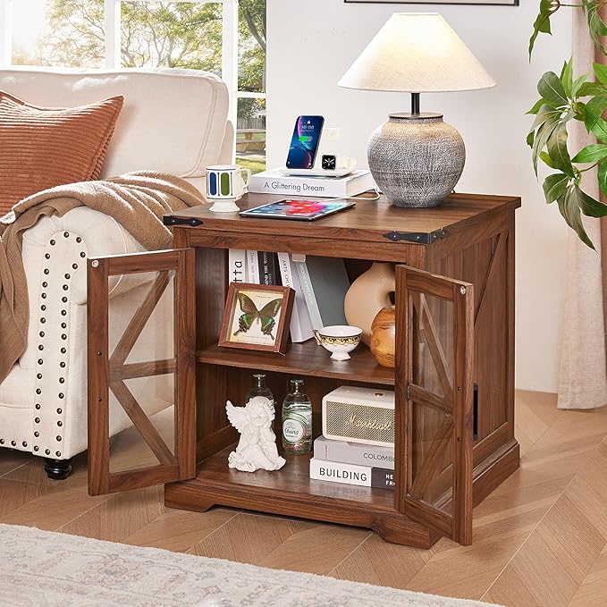Farmhouse End Tables Living Room Set of 2, Small Night Stand and 24" Large Side Table with Charger Station, Wood Furniture Sets, Nightstand Bedside End Table for Bedroom