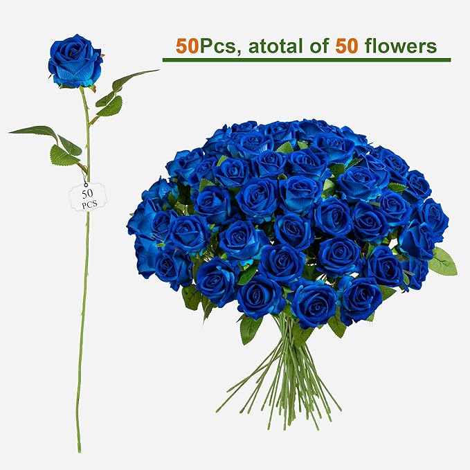 Artificial Flowers Roses Touch Fake Rose Bouquet Flower Stem for Wedding Centerpieces DIY Wreath Home Decorations Silk Roses Mothers Party Fake Outdoor Flowers Decor 19.6"(50PCS Blue)