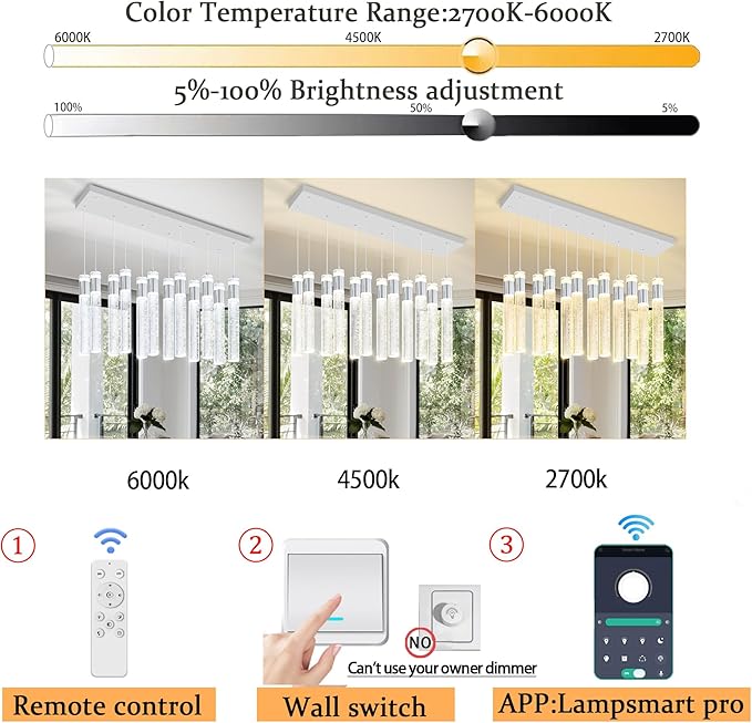 Glam Rectangular Crystal Column Chandelier for High Ceiling 12-Lights Silver LED Dimmable Pendant Light for Kitchen Island Dining Room Entrance Foyer Living Room Adjustable Height