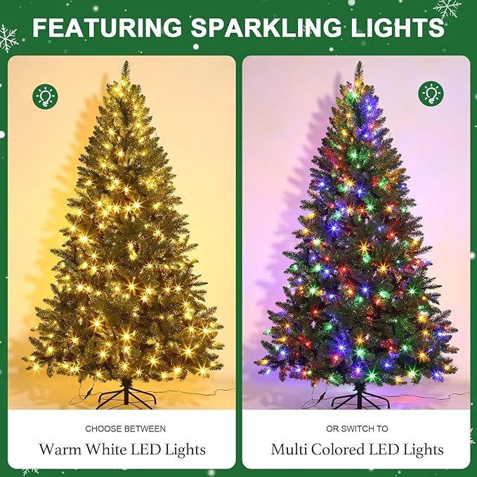 6 FT Pre-Lit Artificial Christmas Tree with 250 Warm White & Multi Lights - 1000 Branch Tips Hinged Spruce for Indoor Outdoor Home Christmas Decorations