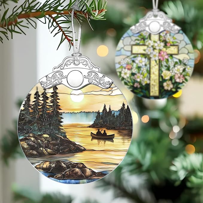 Canoe Lake Sunset Stained Glass Ornament, Christmas Ornaments – Christmas Tree Decorations, Holiday Decor, Stocking Stuffer, Gift Idea, Gifts for Nature Lover, Outdoor & Camping Lover