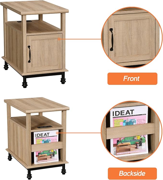 WAMPAT Set of 2 End Tables with Charging Station, Narrow Side Table Night Stand with Storage Cabinet, Wooden Nightstand with Metal Legs, Bedside Table for Bedroom, Oak
