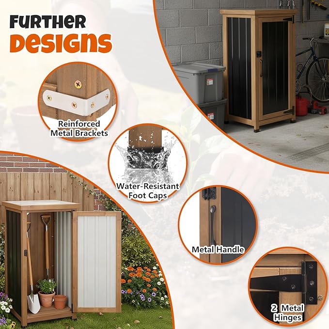 Small Outdoor Storage Cabinet, Wood & Metal Storage Shed with Weatherproof Roof, Removable Shelf, Lockable Door, 2 Metal Hinges, Adjustable Feet, Outside Storage Cabinet