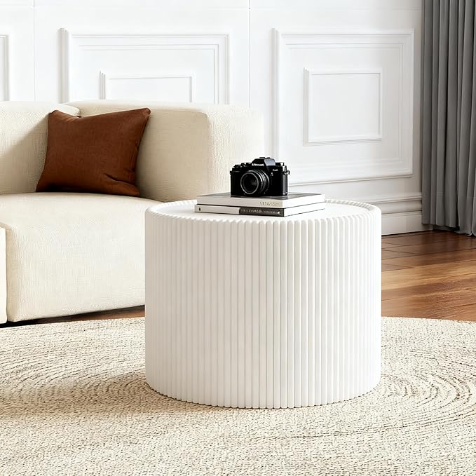 17.71" White Round Coffee Table, Drum Coffee Table with Sintered Stone Tabletop and Fluted PU Leather Covered and Stable Base, Circle Cocktail Tea Table for Living Room