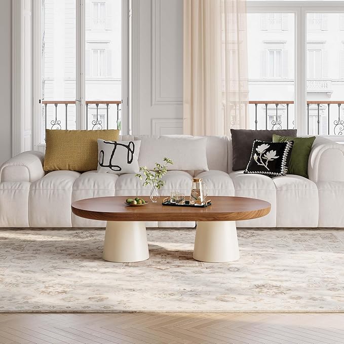 Oval Modern Coffee Table - Minimalist Wooden Coffee Table with White Stable Legs, 51.2" Center Table for Living Room, Apartment, Office, Walnut