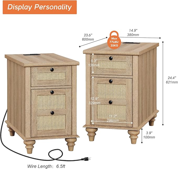 WAMPAT 2 PCS End Tables with Charging Station, Farmhouse Bedside Table with Solid Wood Leg, Rattan End Table with Storage Drawer & Power outlets USB Ports for Bedroom, Living Room