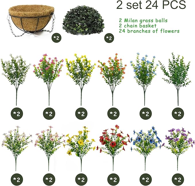 Artificial Hanging Plants Flowers with Basket 2 Packs, Faux Hanging Plants Outdoor, White+Pink+Yellow+Orange+Blue+Green&White+Pink+Yellow+Orange+Blue+Purple