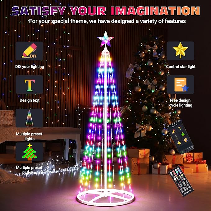 5FT Smart Cone Christmas Tree, Multicolor Prelit Outdoor Christmas Tree Lights, Music Sync, App & Remote Control, LED Light Show Tree for Indoor Outdoor Decorations