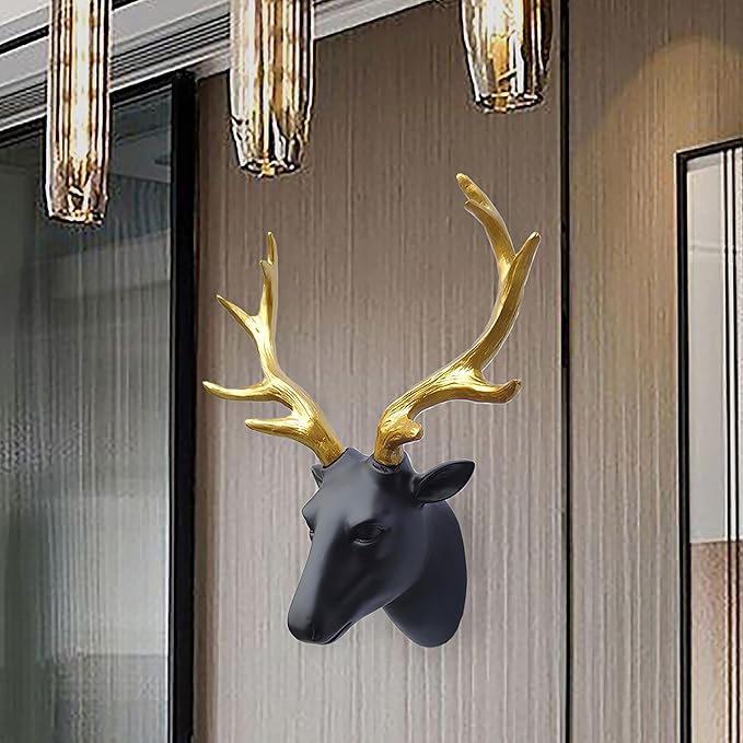 JoyEvy Deer Head Wall Decor-Wall Sculpture Resin Deer Head Gold Antler Faux Skull-Handmade Wall Art Hanging Rustic Animal Cottage Decor Home Cottage (9.5"*11")