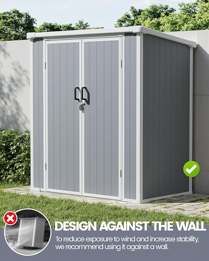 5x3 Resin Garden Sheds & Outdoor Storage on Clearance, Weather-Resistant Plastic Shed with Floor and Lockable Door for Garden Tools, Lawn Mower, Bike, Backyard Organization, Aritic Light Grey