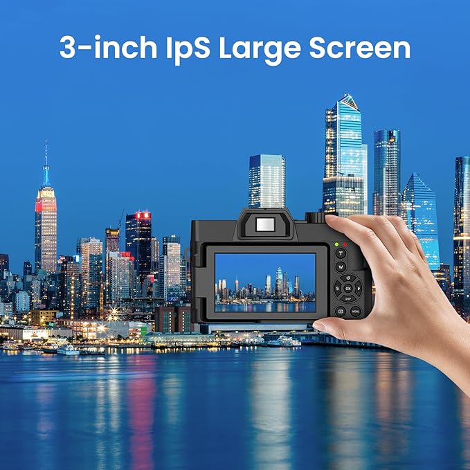48MP Digital Camera 4K Video 3-Inch LED Display 16X Optical Zoom Auto Focus 180° Flip Screen, 4K Vlogging Cameras Fotograficas for YouTube with 32GB TF Card, 2 Batteries Black