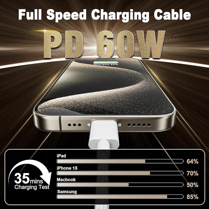 Quntis USB C Cable, USBC to USBC Fast Charging Cable Nylon Braided (6ft 60W, 1-Pack) for iPhone 16/15 Pro/Plus/Pro Max, iPad mini 6/7/Pro/Air, MacBook Air/Pro, Samsung Galaxy S24 and More (White)