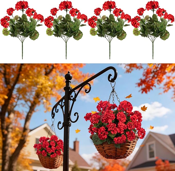 4PCS Home Decor Fake Plants Artificial Flowers Artificial Geraniums Outdoor Fake Flowers Artificial Flowers Fake Silk Bouquet, Fall Decor for Interior Porch Garden Decoration (Red) 14.4"