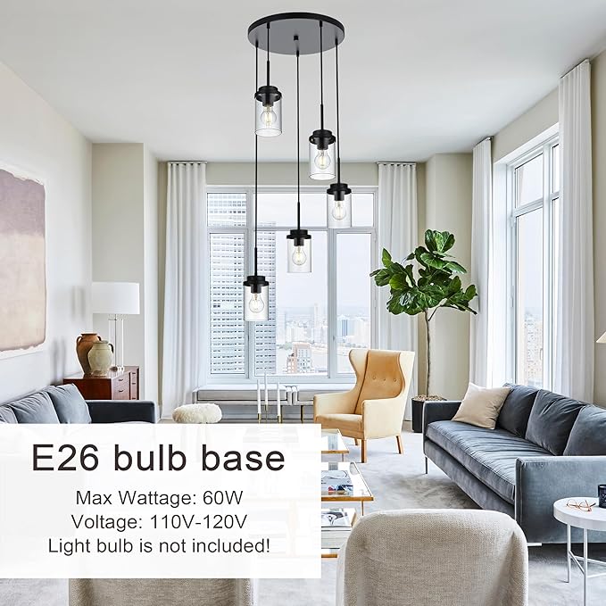 MELUCEE 5-Light Pendant Light Fixtures Ceiling Hanging Cluster Chandelier Black with Clear Glass Shade, Modern Pendant Lighting for Kitchen Island Dining Room Living Room