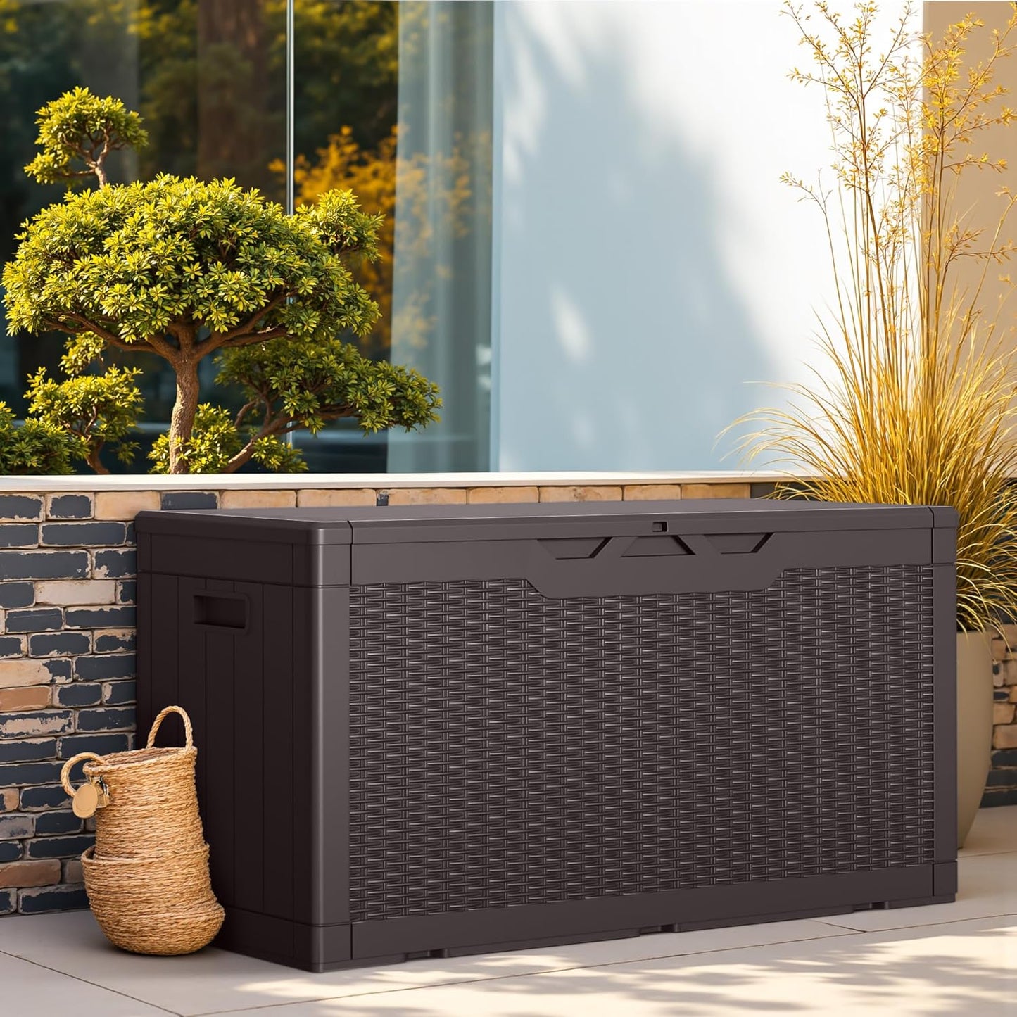 Greesum 100 Gallon Resin Deck Box Lockable Large Outdoor Storage Boxes for Garden Tools, Patio Furniture Cushions, Pool Supplies, Dark Brown