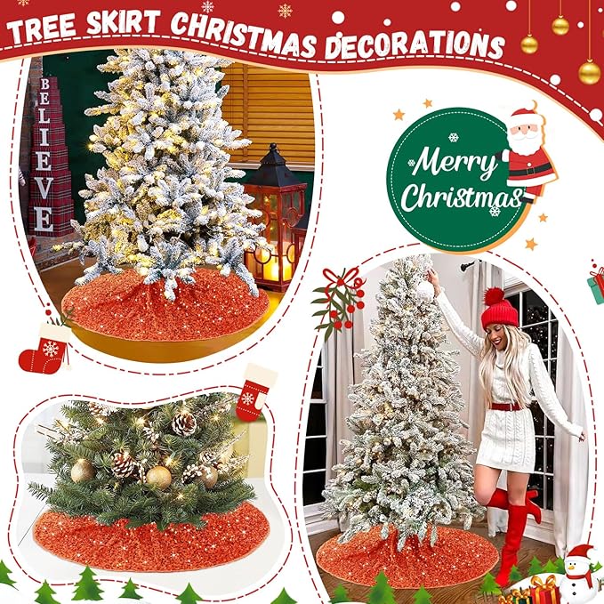 Orange Tree Skirt Large Christmas 48 Inches Tree Skirt Fall Velvet Tree Skirts Burnt Orange Glitter Sequin Christmas Tree Skirt Kit Xmas Tree Base Collar for Thanksgiving Ornaments