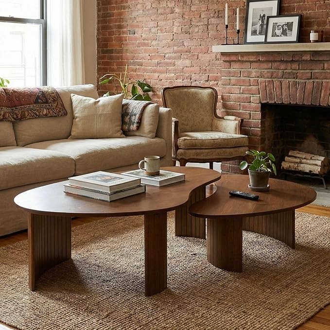 Walnut Nesting Coffee Tables Set of 2, Mid Century Modern Center Table with Fluted Wooden Legs and Oval Mango Shape for Living Room, Small Apartment