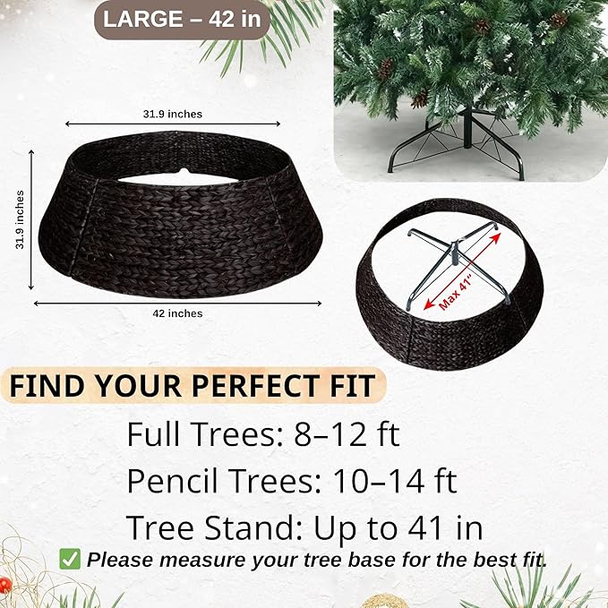 42" Wicker Christmas Tree Collar for Artificial Trees, Rustic 9ft Tree Basket Skirt, Farmhouse Base Cover for Pencil, Slim Christmas Tree Collars, Handwoven from Seagrass