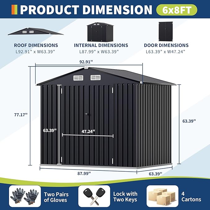 6x8 FT Metal Storage Sheds Outdoor, Metal Yard Sheds Garden Shed Kit, MetalTool Shed with Lockable Door, MetalUtility Sheds Buildings with Air Vent for Backyard Garden Patio Lawn