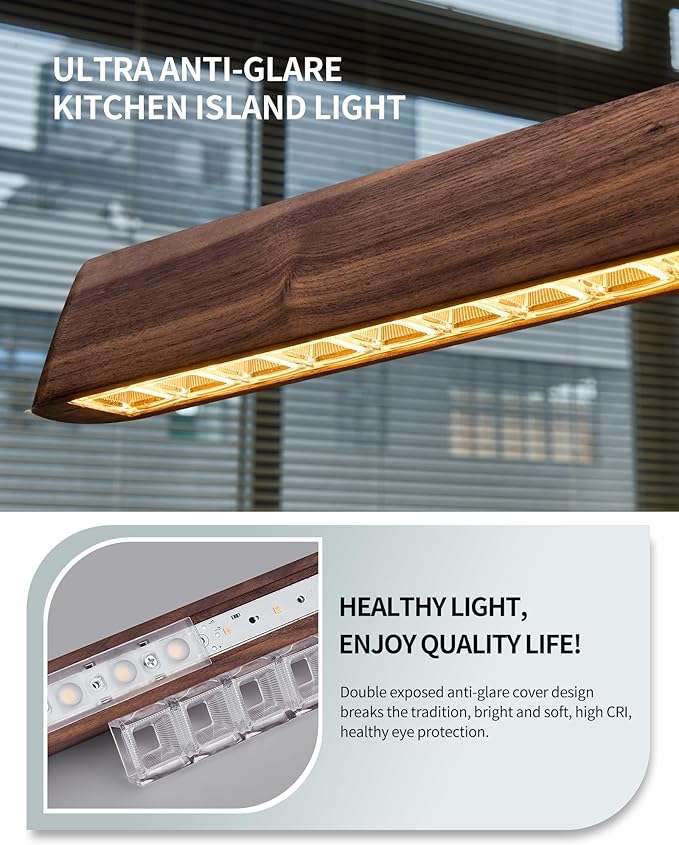 57" Wood Linear Pendant Light, Dimmable Kitchen Island Lighting with Remote, 30W LED Island Lights for Kitchen, Adjustable Linear Chandelier for Dinning Room Light Fixture, Bar, Pool Table Light