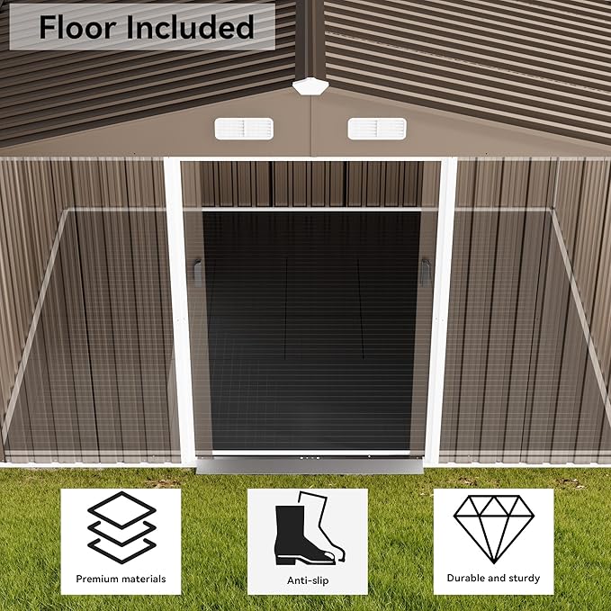 8 x 6 FT Outdoor Storage Shed with Frame Floor, Waterproof Lockable Door Metal Tool Shed with Sliding Door and Ventilation, Gardening Tool Storage Room, Metal Storage Shed for Gardens & Lawns