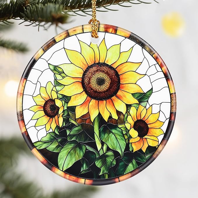 Christmas Ornaments, Dodosky 2.8in Ceramic Sunflower Ornament, Xmas Decor, Christmas Tree Ornaments, Xmas Decorations for Tree, Holiday Ornament, Sunflower Gift, Gifts for Women, Friend, Flower Lovers