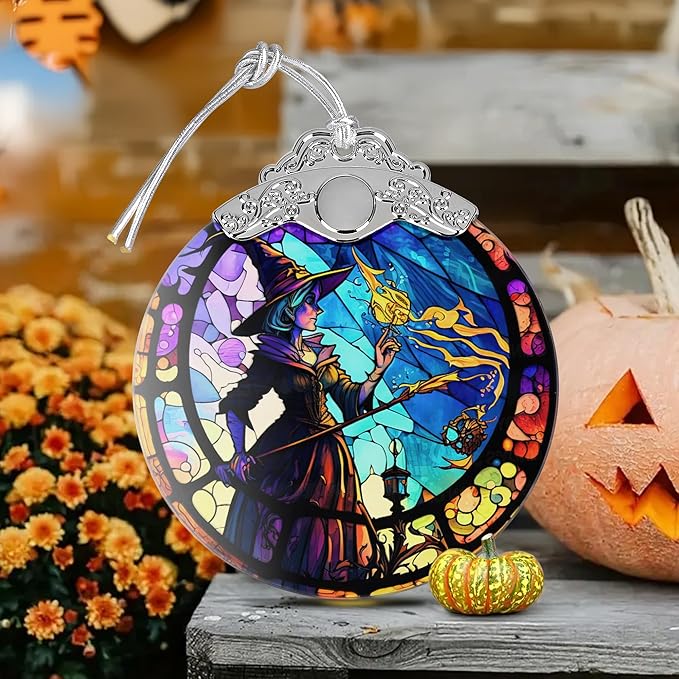 2025 Ornaments for Christmas Tree, Zmoicky Stained Glass Hanging Ornament, Christmas Ornaments Clearance, Gift Exchange Ornament, Bauble Present - Magic Witch