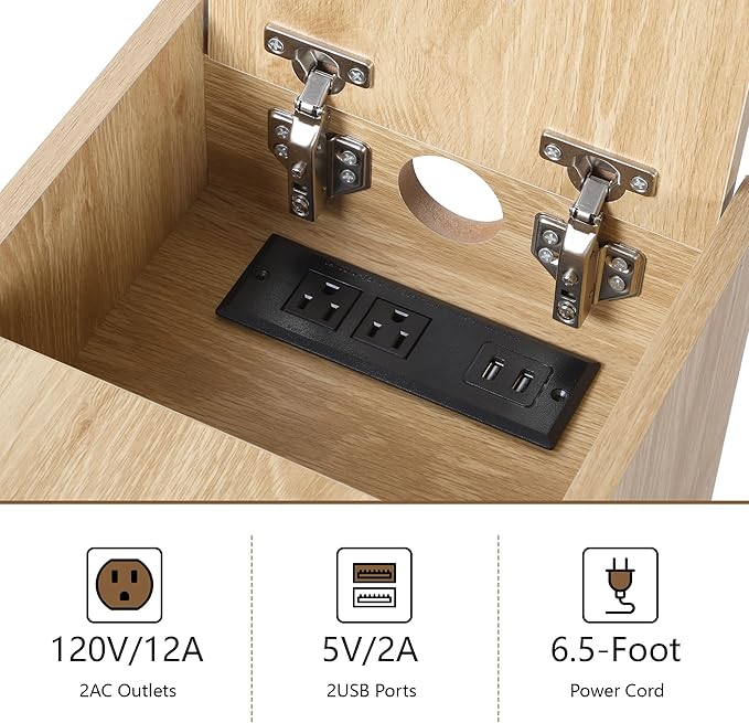 Metal Rattan Narrow End Table with Charging Station Set of 2, Boho Side Table with Drawers Storage, Small Night Stand with Power Outlets and USB Ports, Sofa Side Table for Living Room - Natural