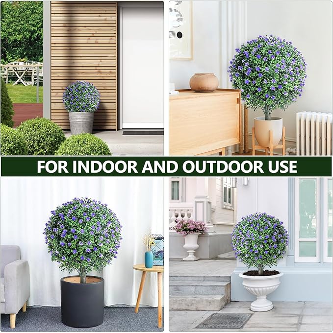 27.6''H Artificial Purple Flower Boxwood Plants Outdoor Set of 2, Realistic Faux Boxwood Topiary Shrubs with Spike, UV Resistant Topiary Ball Large Fake Bushes Plant for Indoor & Outdoor Decor