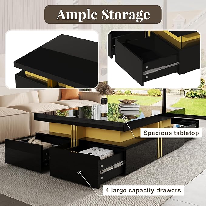 Merax 43.3" Modern Glossy Square Storage Coffee Table with 4 Drawers, Gold Accents, Functional Center Tables for Living Room Apartment, Glossy Black