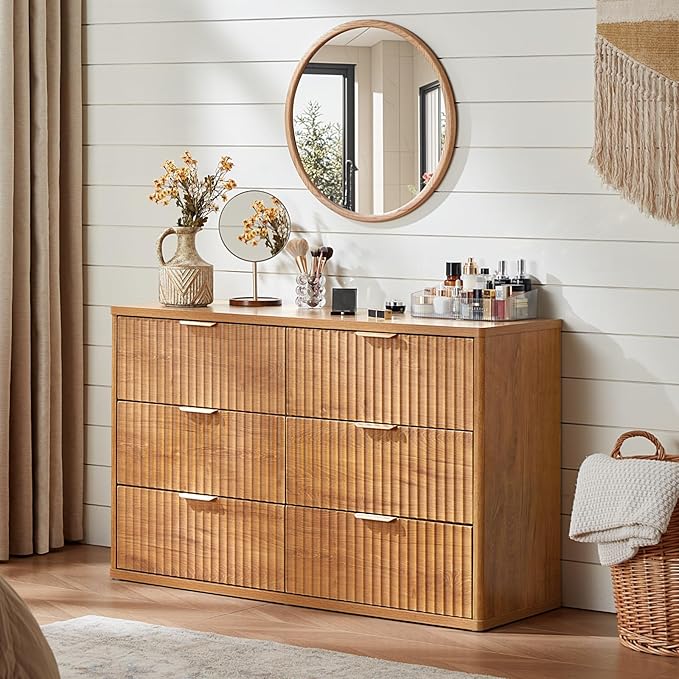 LEYAOYAO Fluted 6 Drawers Dresser, 48" Wide Modern Chest of Drawers with Wood Grain Top, Curved Profile Design, Dresser TV Stand, Wood Drawer Organizer for Bedroom, Living Room, Hallway,Brown