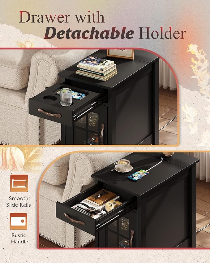 WLIVE End Table with Charging Station, Narrow Side Table for Living Room, Farmhouse Night Stand with Storage, Small Wooden Cabinet Nightstand with USB Ports and Outlets, 23.7" D x 13.78" W x 23.7" H