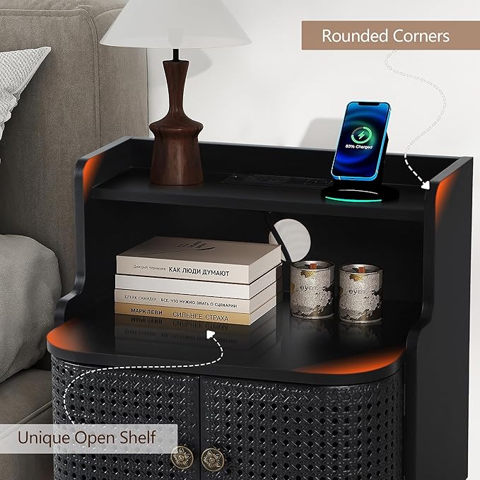 Metal Rattan End Table with Charging Station, Mid Century Modern Nightstand with 2 Doors, Bed Side Table with Storage for Couch,Living Room,Small Spaces, Sofa Side Table for Office,Dorm - Black