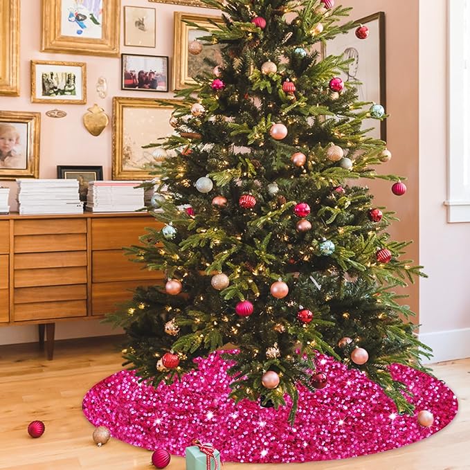 FOTSHARER Tree Skirts 60 Inch Hot Pink Christmas Tree Skirt Sequin Velvet Tree Skirt Personalized Unique Christmas Tree Skirt Pink Xmas Tree Skirt for Artificial Tree for Home Party Holiday Decoration