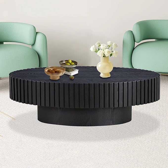 43.3in Fluted Side Tables Living Room Modern Chic Drum Coffee Table - Spacious Tabletop, for Small Space - Living Room Apartment Study,Black