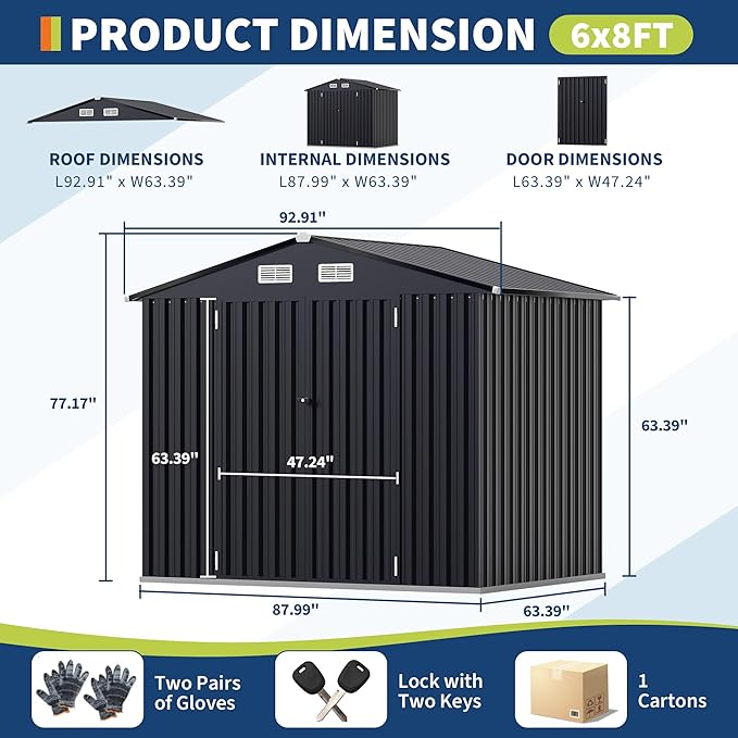 6x8 FT Metal Storage Sheds Outdoor, Metal Yard Sheds Garden Shed Kit, MetalTool Shed with Lockable Door, MetalUtility Sheds Buildings with Air Vent for Backyard Garden Patio Lawn