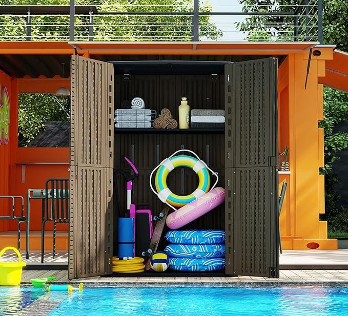 HOMSPARK Storage Shed Weather Resistance, Multi-Purpose Outdoor Storage Cabinet for Backyards and Patios, Horizontal Storage Shed for Lawnmower, Patio Accessories (Coffee, Tall - 53 cu.ft)
